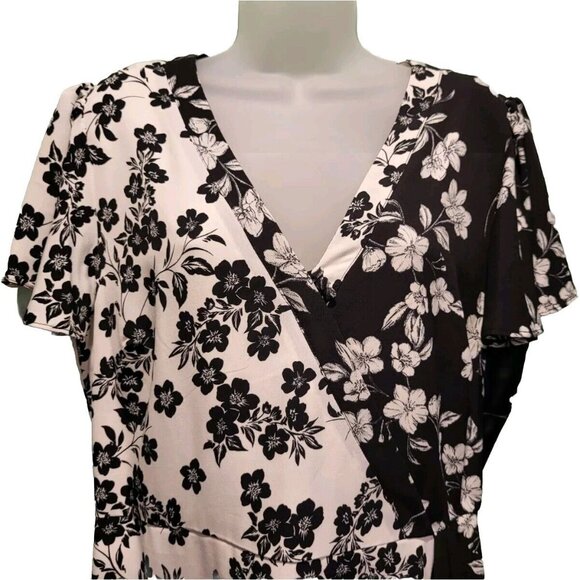 Karl Lagerfeld Black White Floral Faux Wrap Midi Dress Flutter Sleeve Sz 14 - Picture 2 of 8